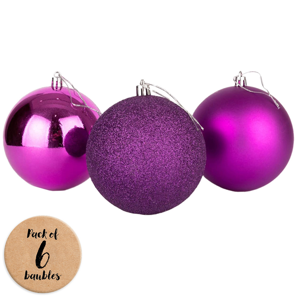 Shatchi 10cm Purple Shatterproof Bauble 6 Pack Image 1