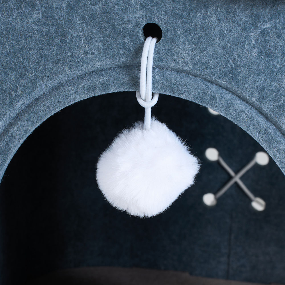 H&O Direct 3-Tier Grey Felt Cat House with Hanging Fluffy Ball Image 3