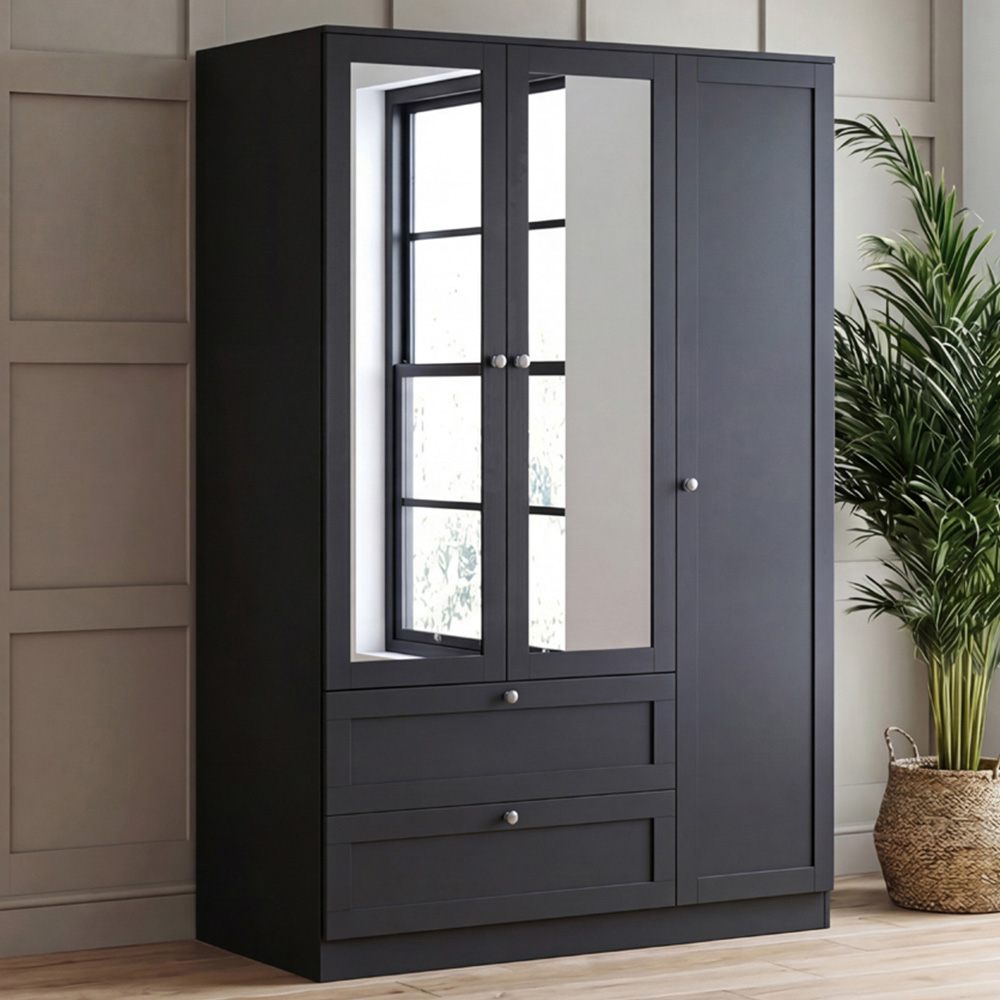 VIDA DESIGNS Altino 3 Door 2 Drawer Black Shaker-Style Mirrored Wardrobe Image 1