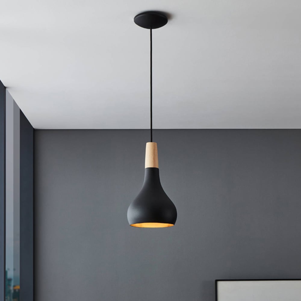 EGLO Sabinar Black Metal and Wood Pendant Light 18cm Image 2