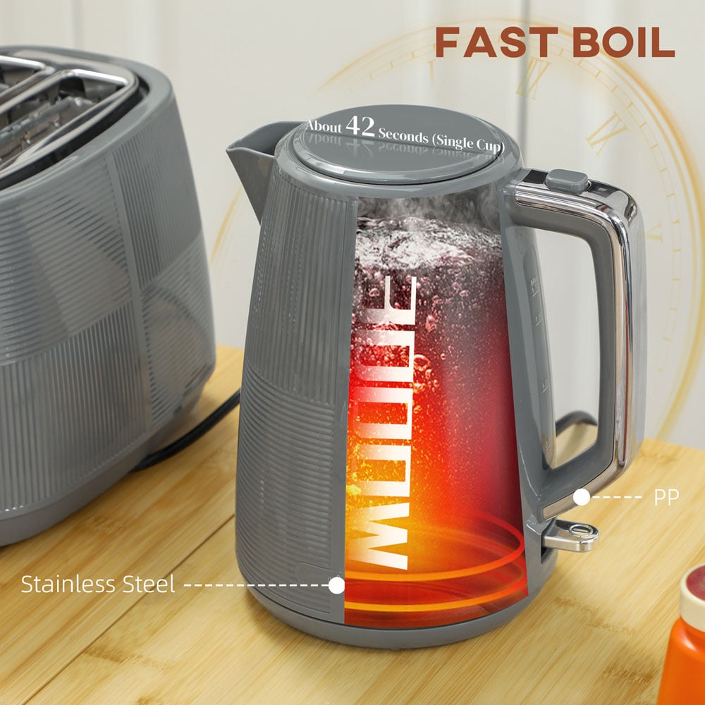 HOMCOM 800-233V70GY Grey 1.7L Fast Boil Electric Kettle 3000W and 2 Slice Water Toaster Set Image 8