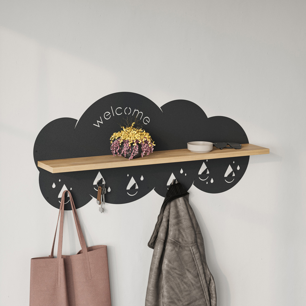 Decortie Cloudy 84cm Oak Modern Wall Mounted Floating Shelf with 6 Hook Image 4