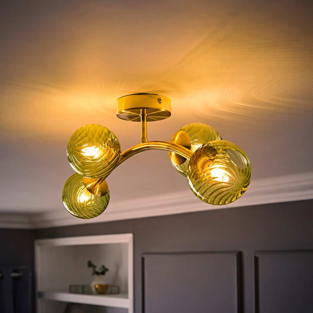 ValueLights Sydney Brushed Gold 4-Arm Ceiling Light with Swirl Glass Shade and Bulb Image 2