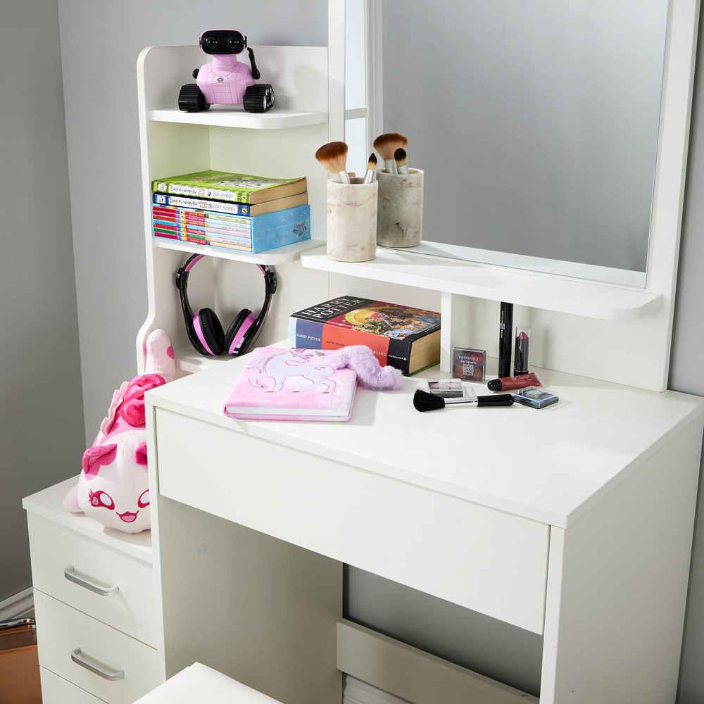 Home Source Arlo 4 Drawer 4 Shelf White Vanity Table and Cushioned Stool Set with Mirror Image 3