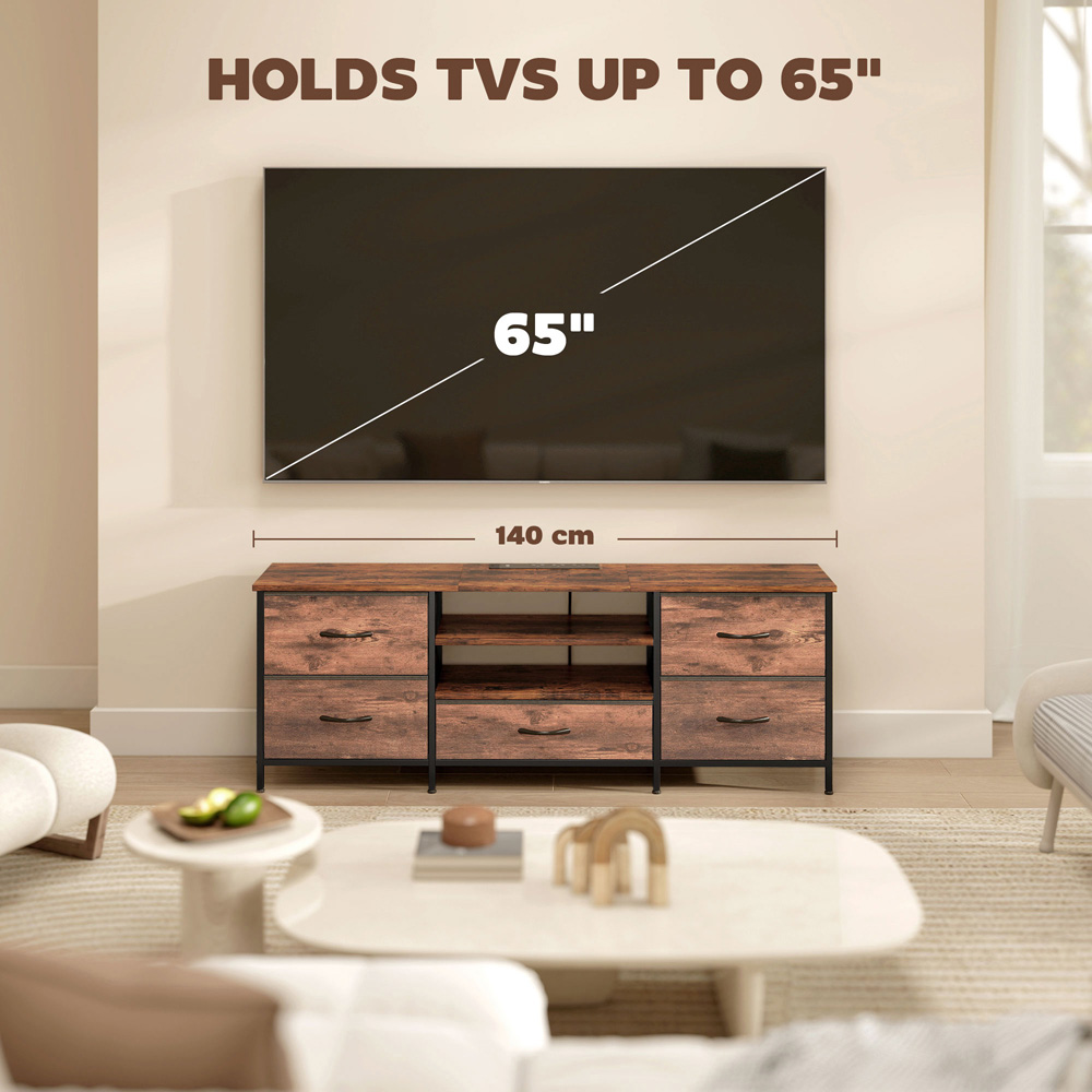Portland 5 Drawer 2 Shelf Rustic Brown TV Unit with Charging Station Image 5