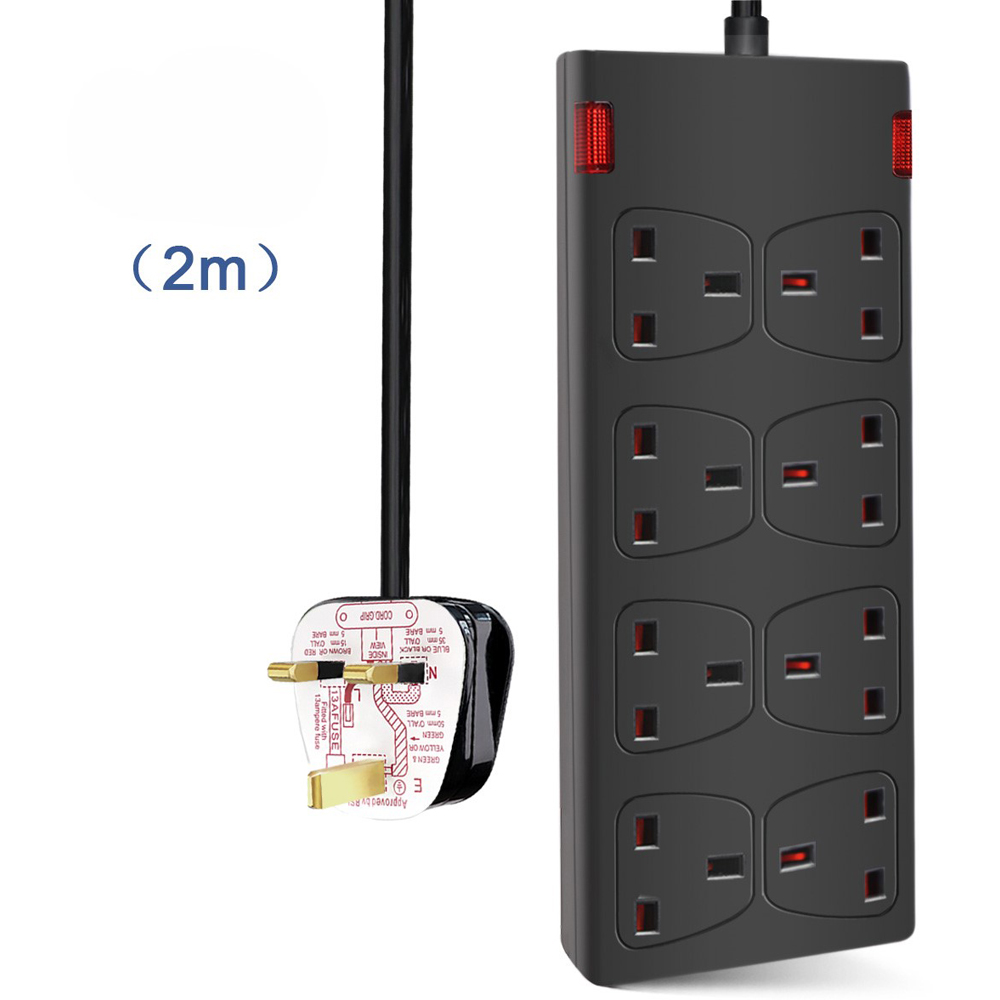 ExtraStar 13A 2m 8 Socket Child Resistant Black Extension Lead with Indicate Light Image 1