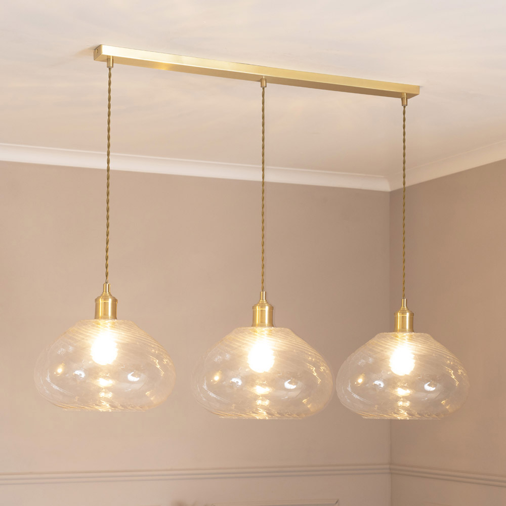 ValueLights Corinne Twill Glass 3 Drop Brushed Gold Diner LED Ceiling Pendant Light Image 2