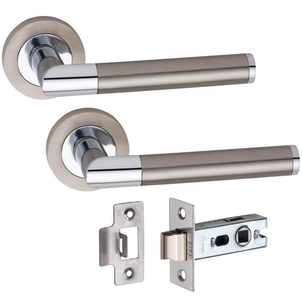 Golden Grace Mitred Satin Nickel Polished Chrome Door Handle Pair with Tubular Latch 52mm Image 1