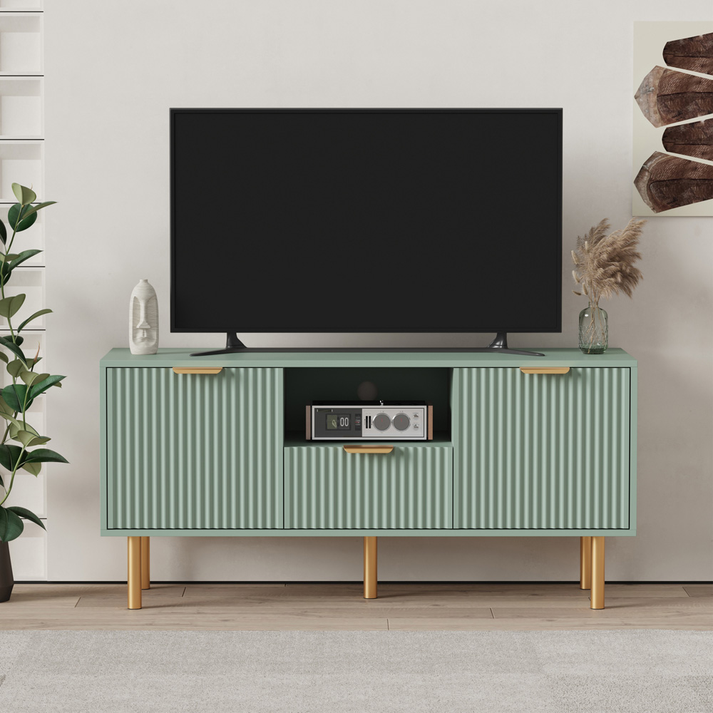 FurnitureHMD 2 Door Single Drawer Single Shelf Green Wave Pattern TV Unit Image 3