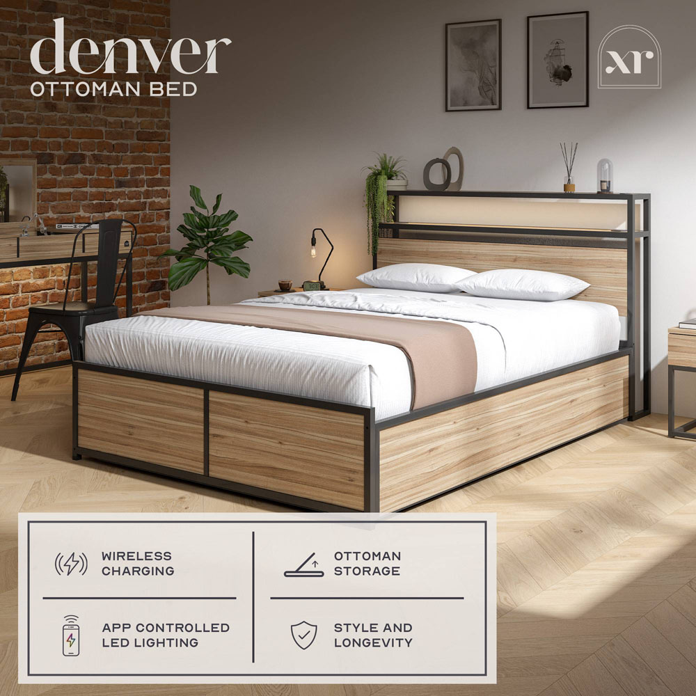 XR Living Denver Double Oak and Black Ottoman Bed with App Controlled LED Image 8