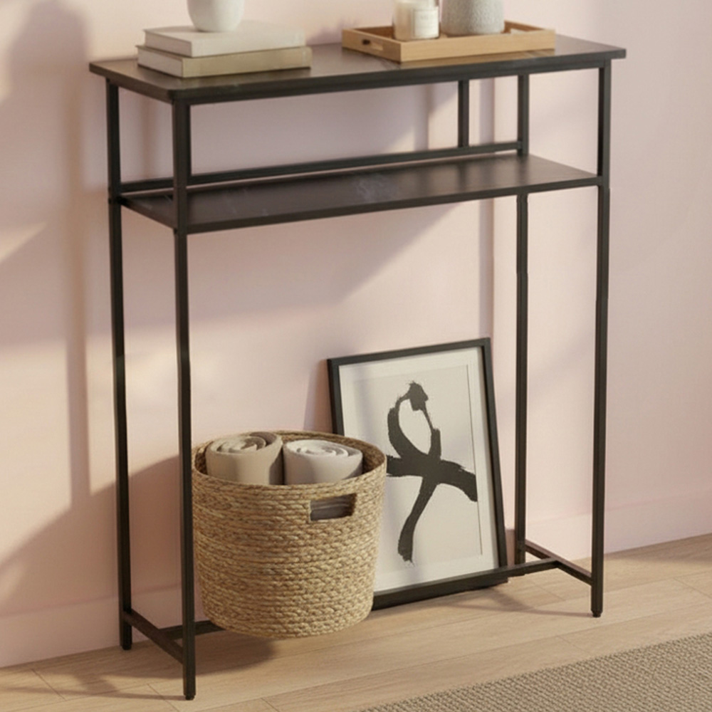 Living and Home 2-Tier Black Faux Marble Top Console Table Image 1