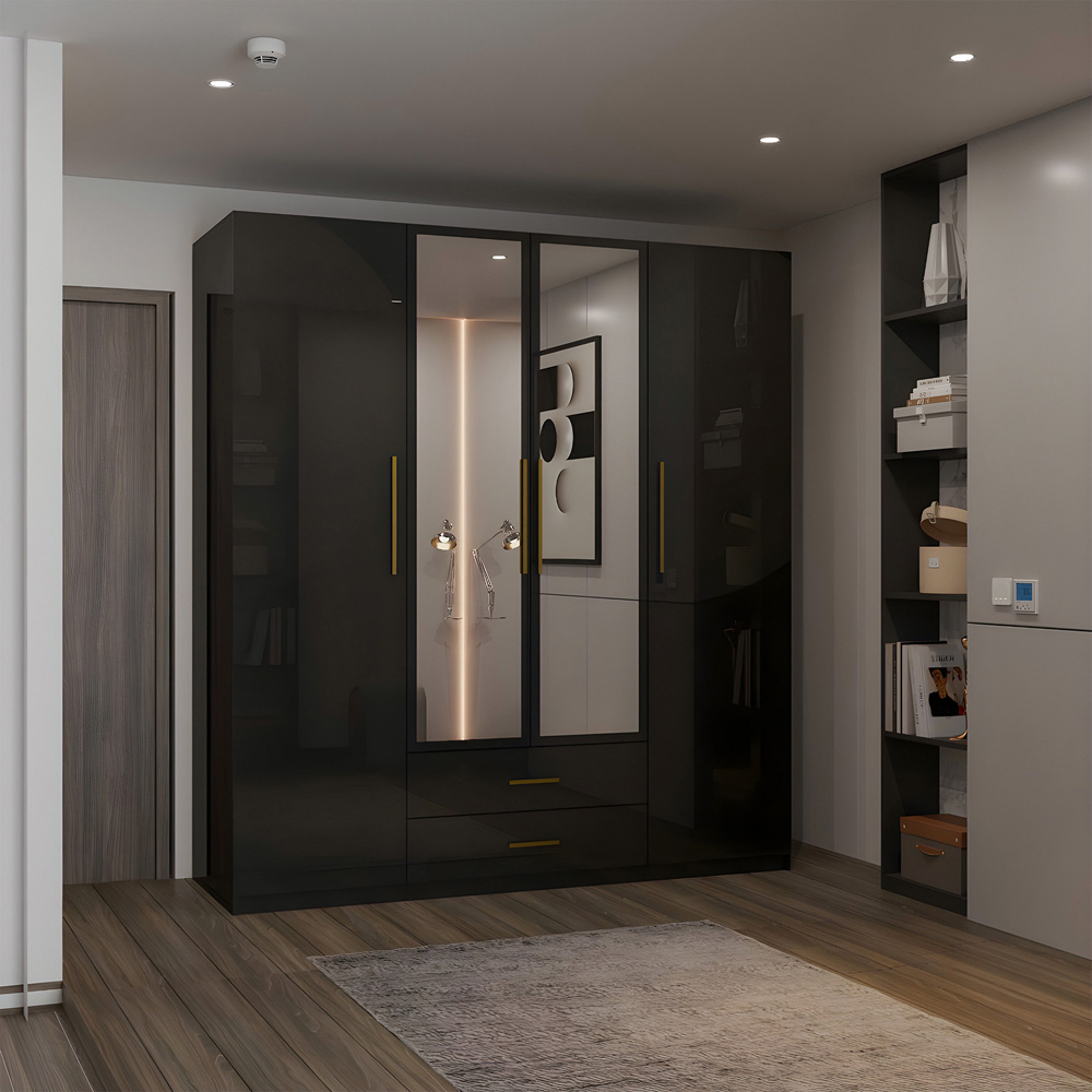 M N Furniture Glossera 4 Door 2 Drawer Black High Gloss Mirrored Wardrobe 160cm Image 6
