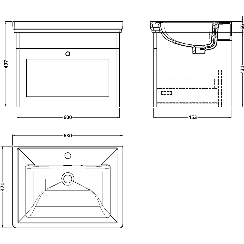 nuie Classique 1 Drawer Satin Grey Wall Hung Vanity Unit and 1 Tap Hole Fireclay Basin 600mm Image 2