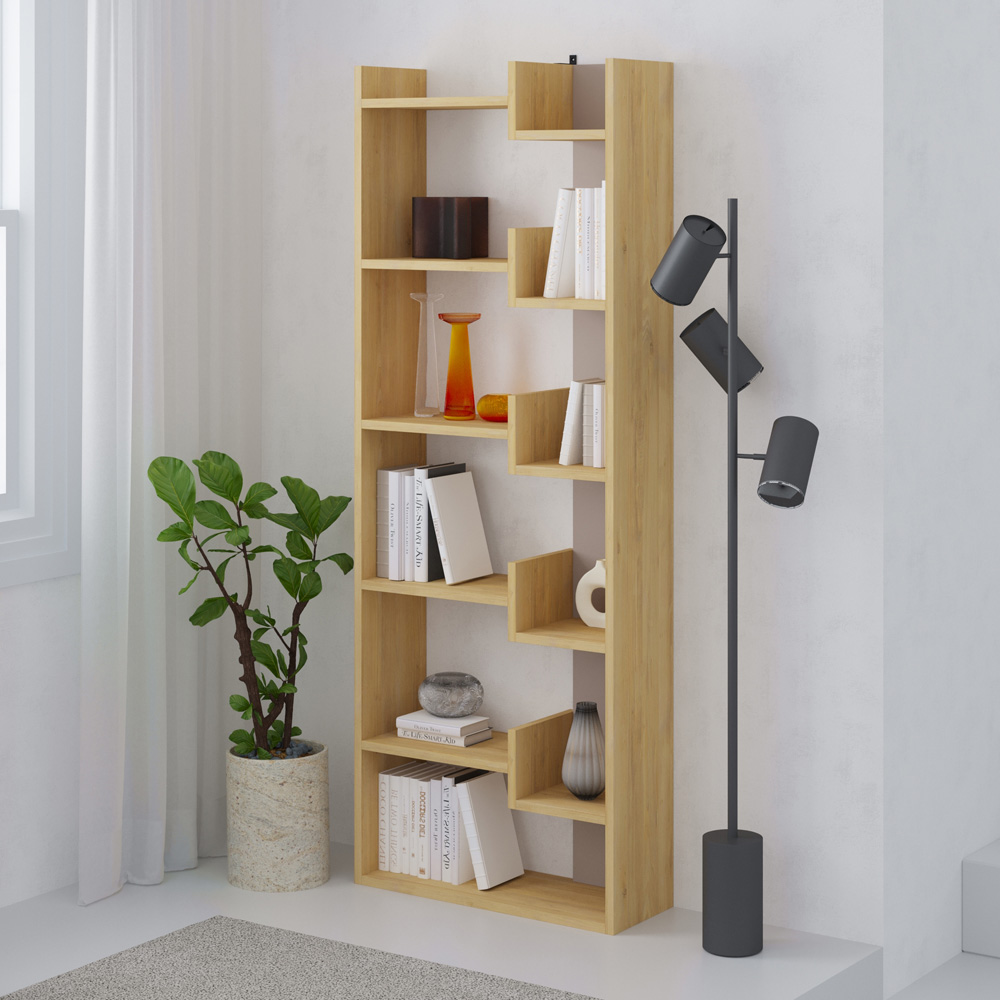 Decortie Oppa 11 Shelf Oak Mocha Grey Asymmetric Bookcase Image 4