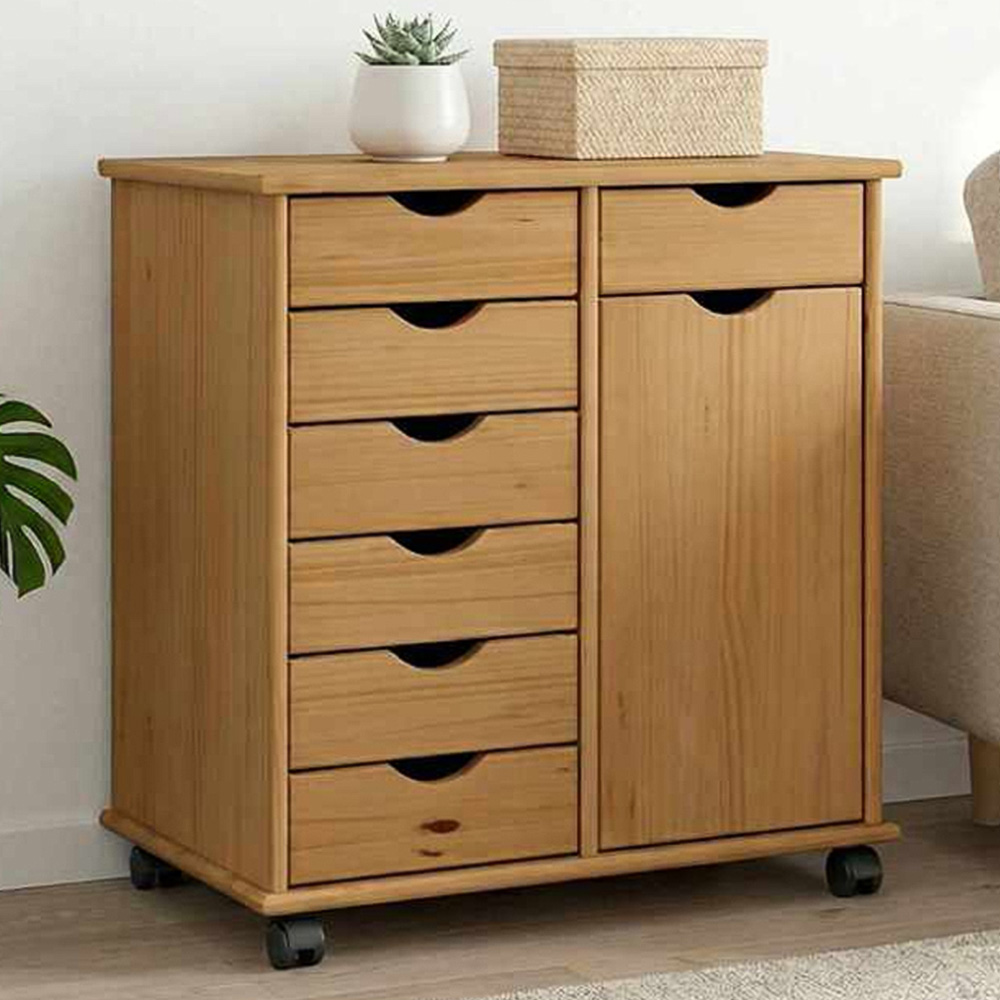 vidaXL Single Door 7 Drawer Honey Brown Rolling Storage Cabinet Image 1