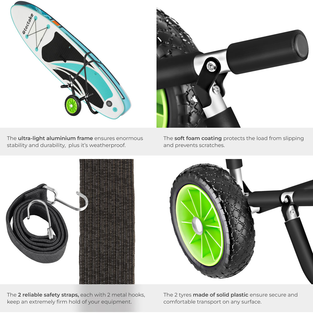 tectake Black and Green Wave Wheel Aluminium Surfboard Trolley Image 5
