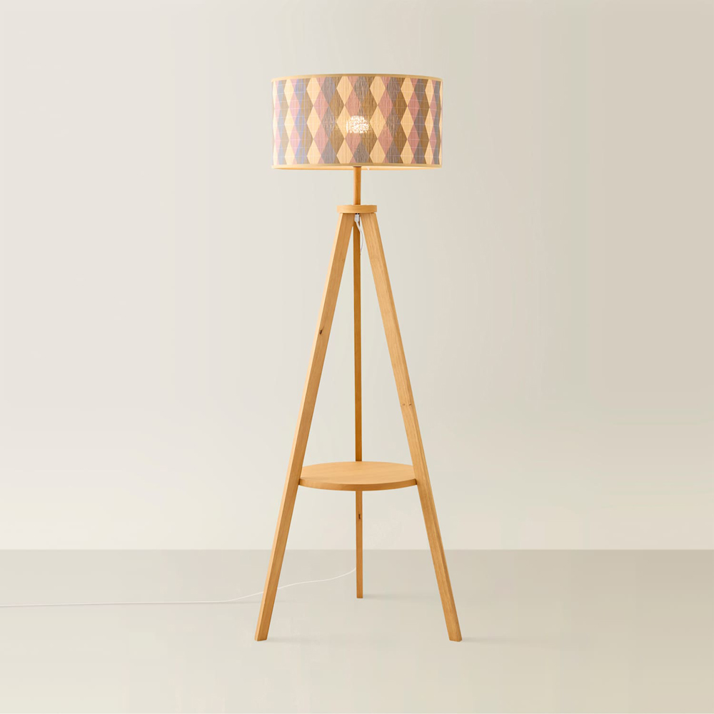 ValueLights Morrigan Mid Wood Tripod Floor Lamp with Diamond Bamboo Shade and Bulb Image 3