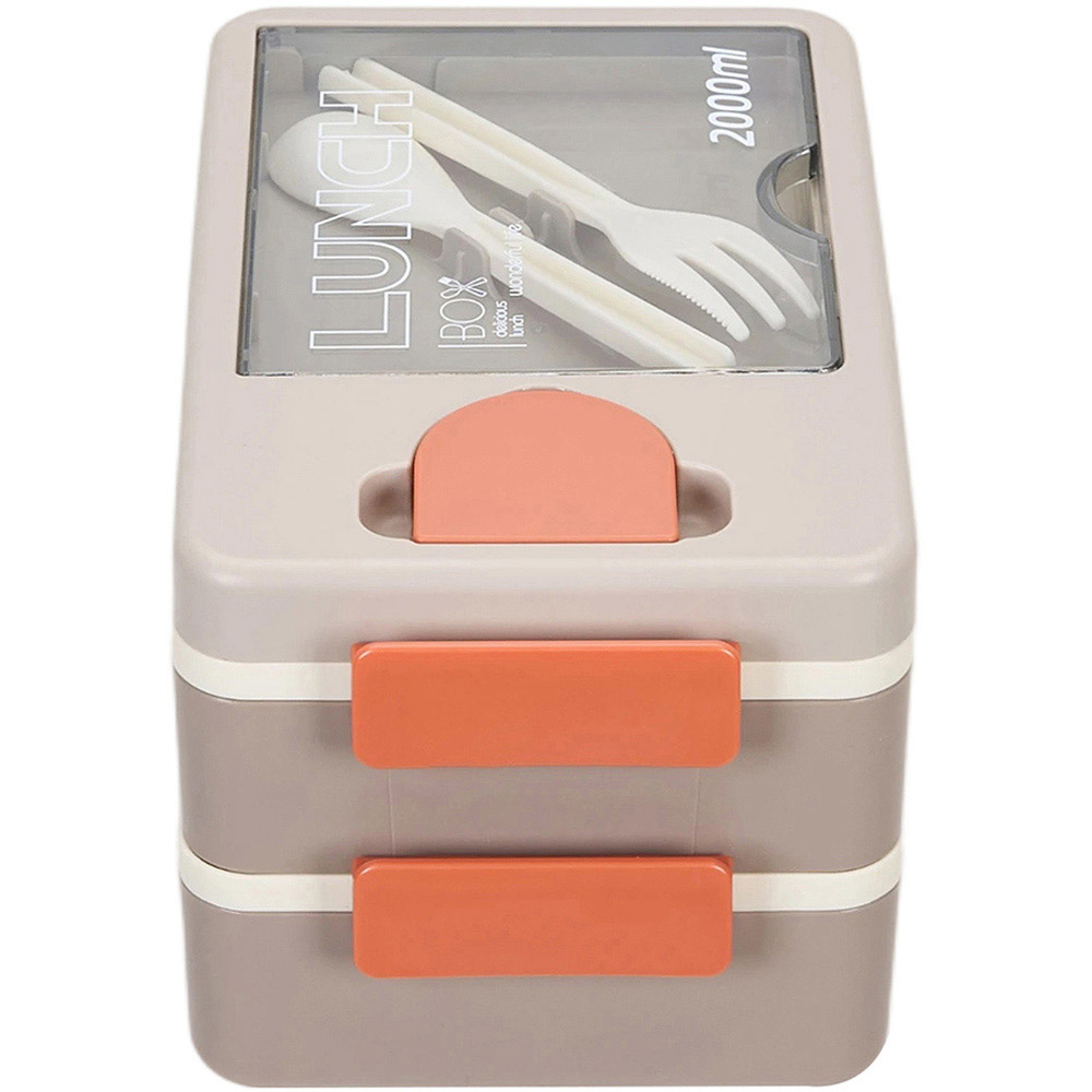 Living and Home 2L 2-Tier Khaki Lunch Box with Cutlery and Sauce Container Image 2