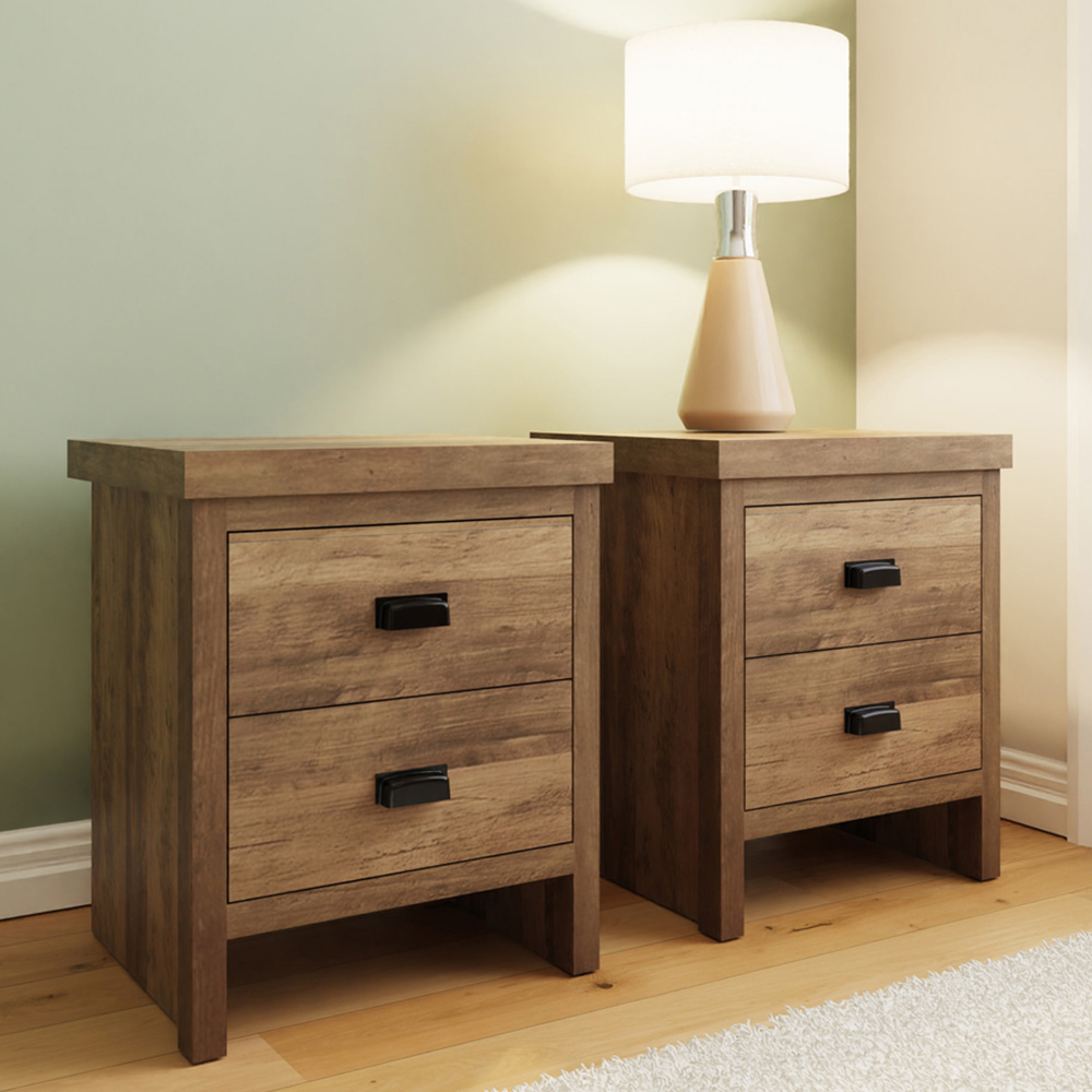 GFW Boston 2 Drawer Knotty Oak Bedside Table Set of 2 Image 1