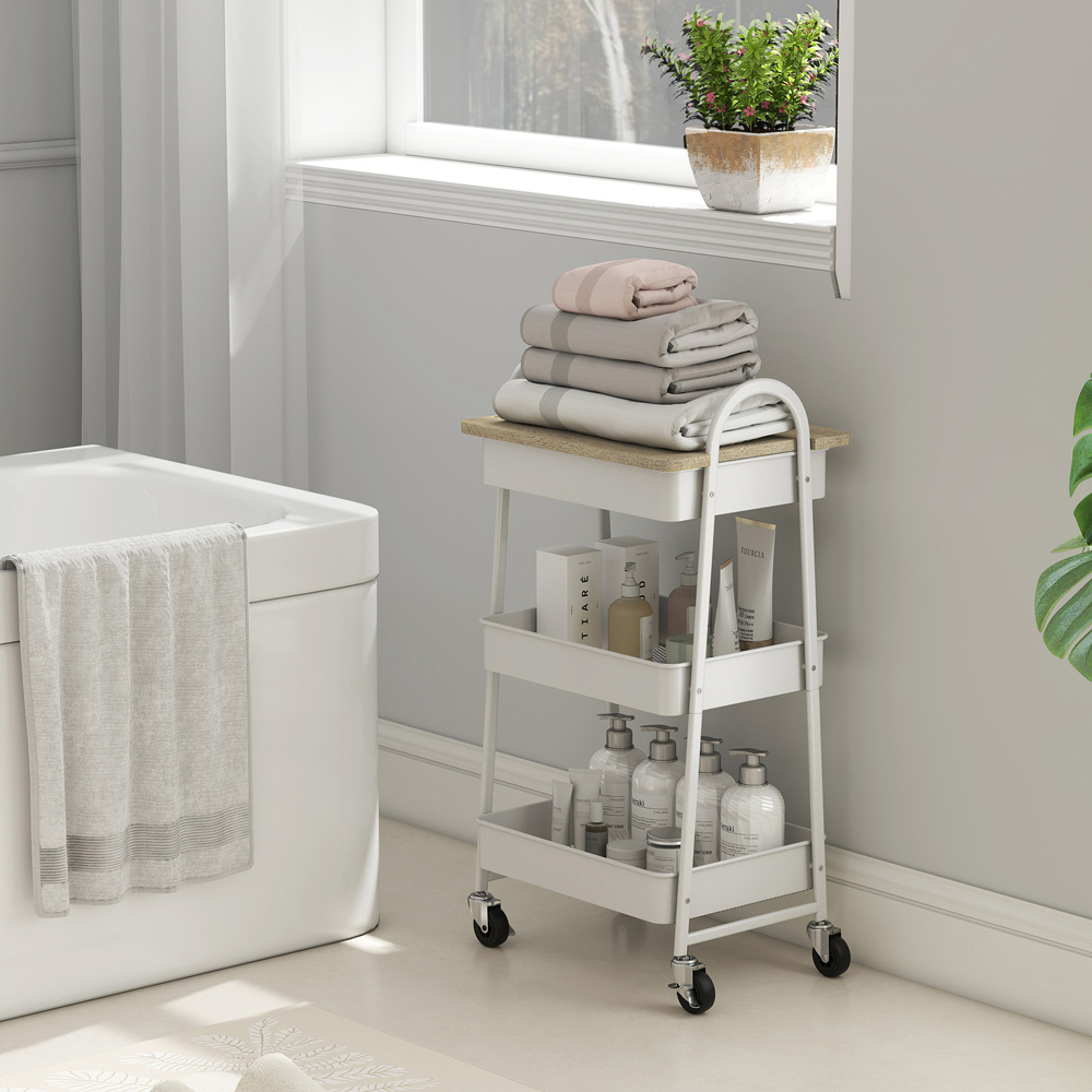 Portland 3 Tier White and Oak Rolling Utility Cart with Mesh Baskets Image 3