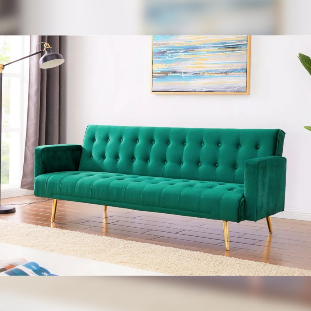 Comfy Living 3 Seater Green and Gold Plush Velvet Sofa Bed Image 3