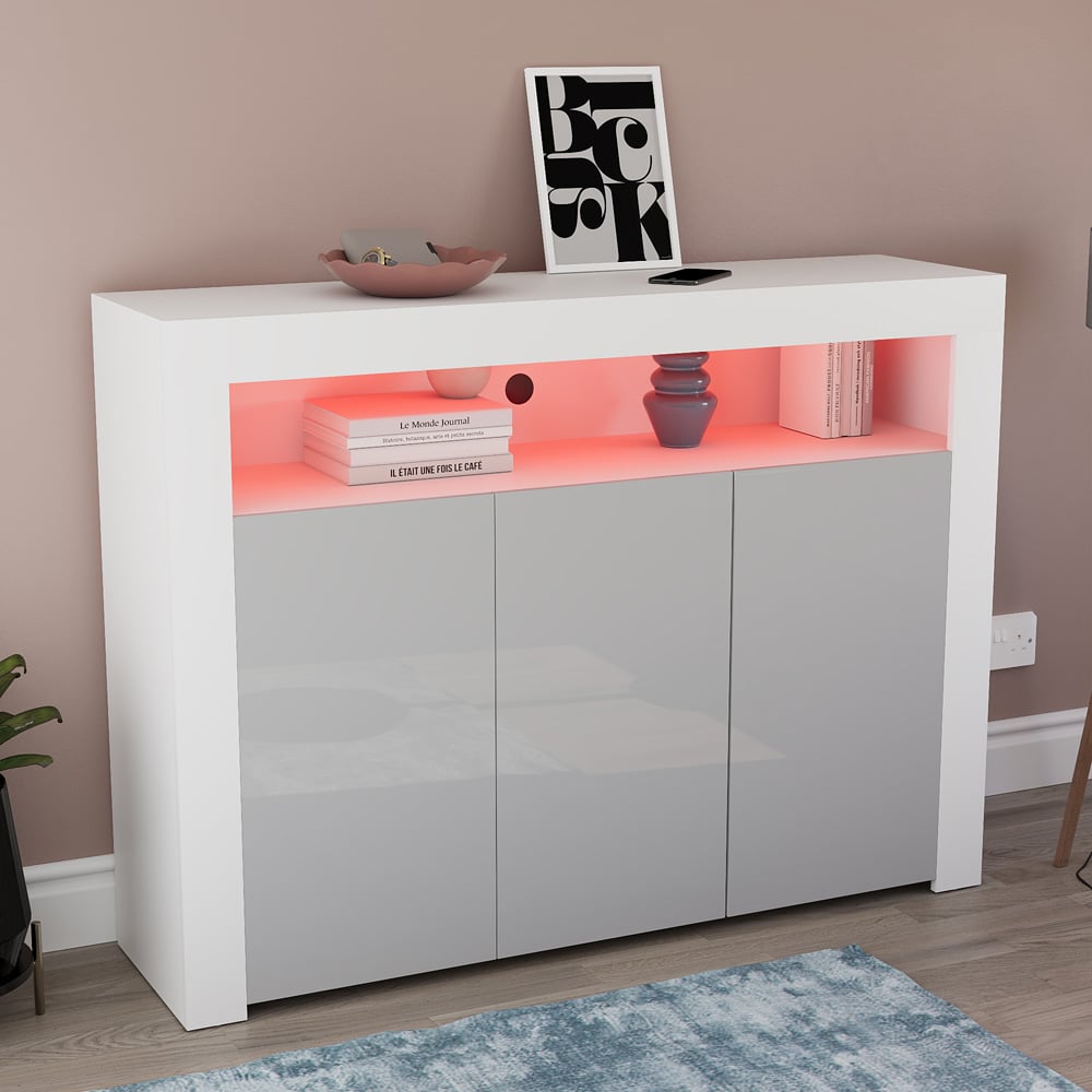 Vida Designs Nova 3 Door White and Grey LED Sideboard Image 8