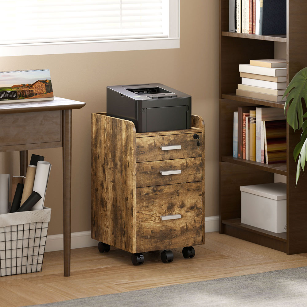 Portland 3 Drawer Rustic Brown Mobile Lockable Filing Cabinet with Keys Image 4