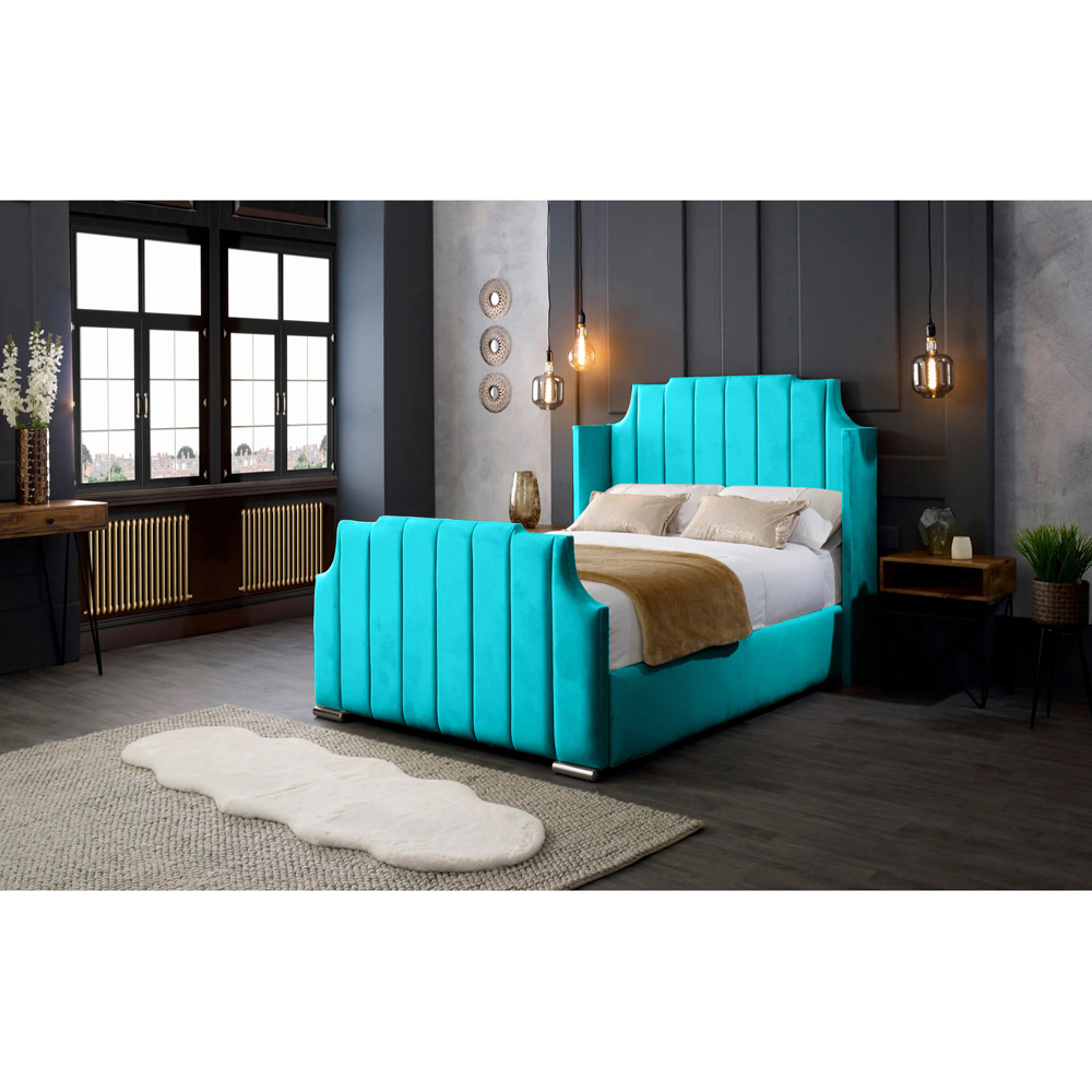Eleganza Home Nelly King Size Teal Plush Velvet Bed Frame with Winged Headboard Image 4