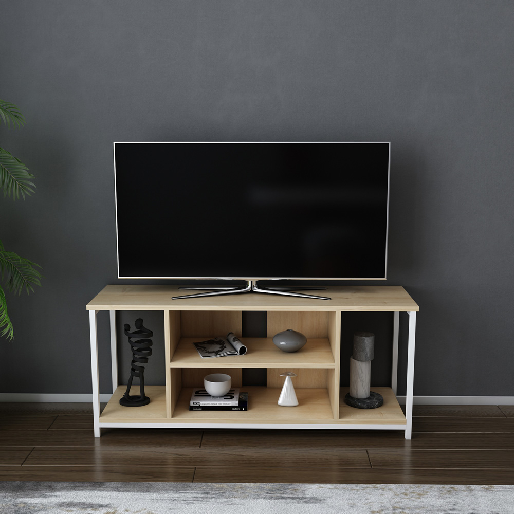 Decorotika Rinaldo 4 Open Shelf White and Oak Wide TV Unit Image 4