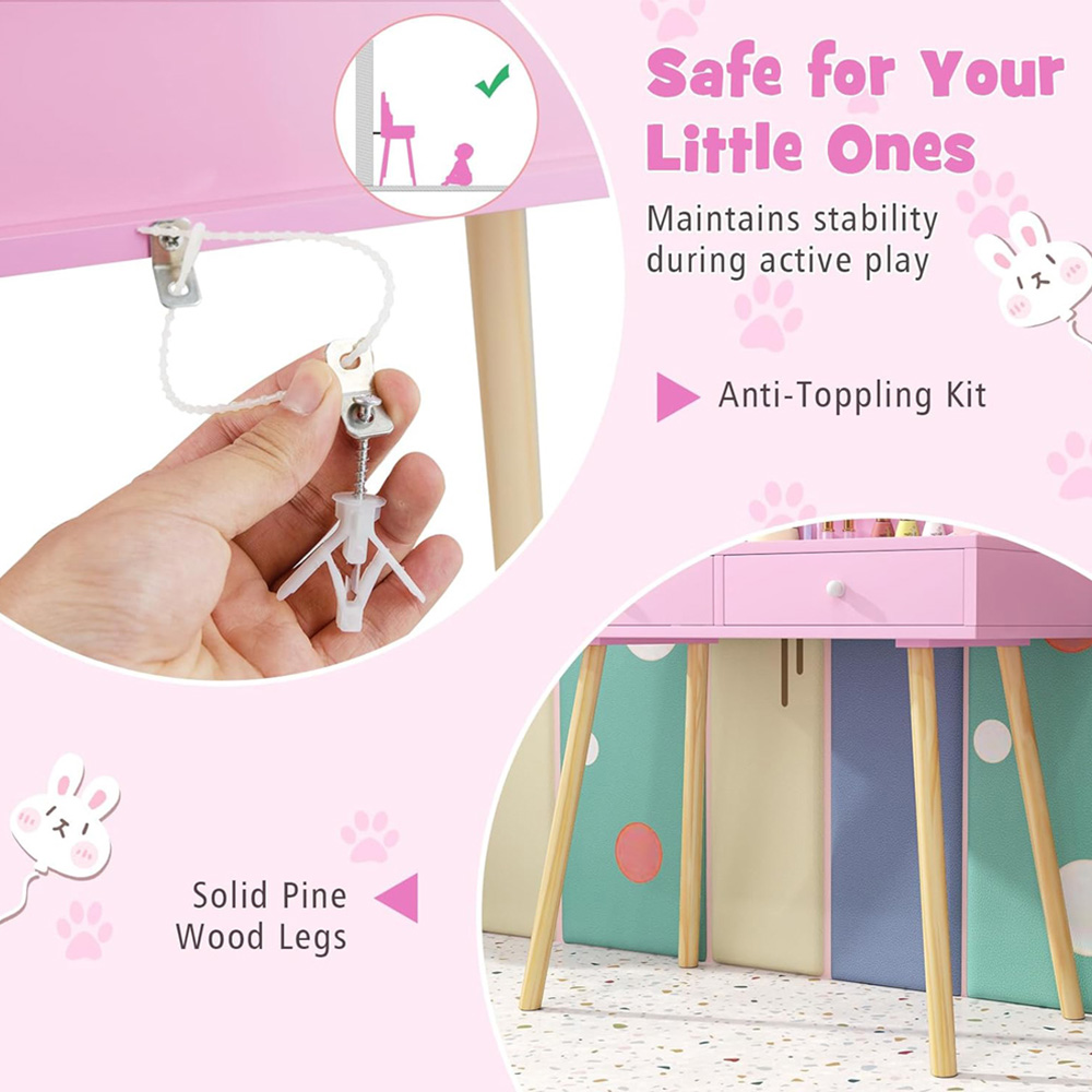 Costway 2 Drawer Pink LED Mirror Wooden Kid Vanity Set Image 4