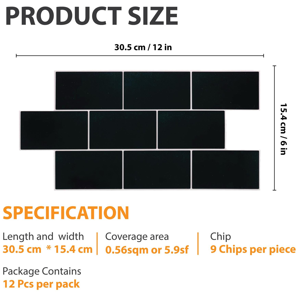 Wallplus Black Mosaic Wall Tile Sticker 15.4 x 30.5 cm 12 Pack Image 9
