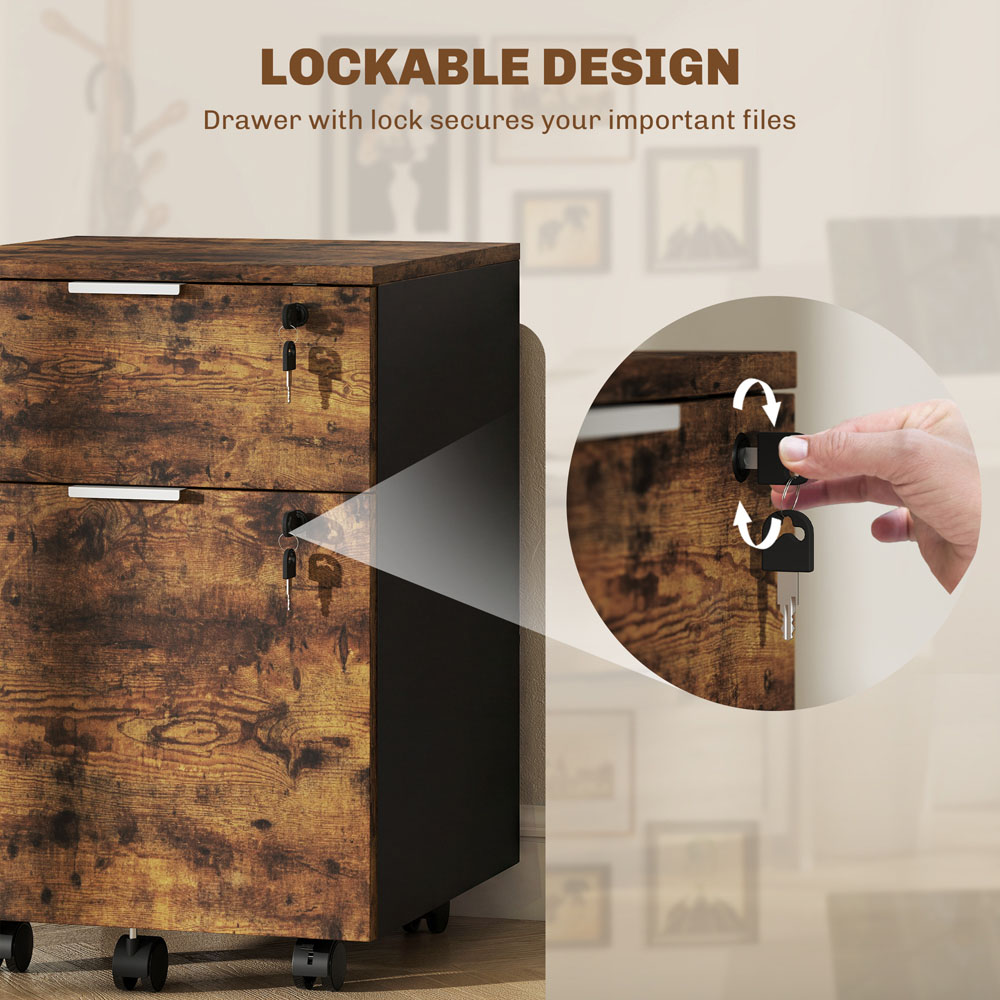 Portland 2 Drawer Rustic Brown Mobile Lockable Filing Cabinet with Keys Image 6