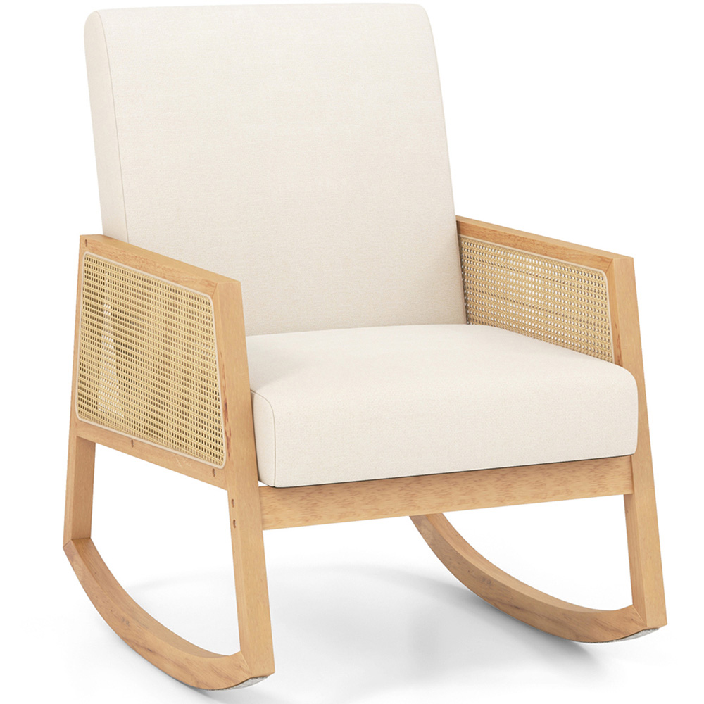 Costway Beige Upholstered Rocking Chair with Rattan Armrest Image 2