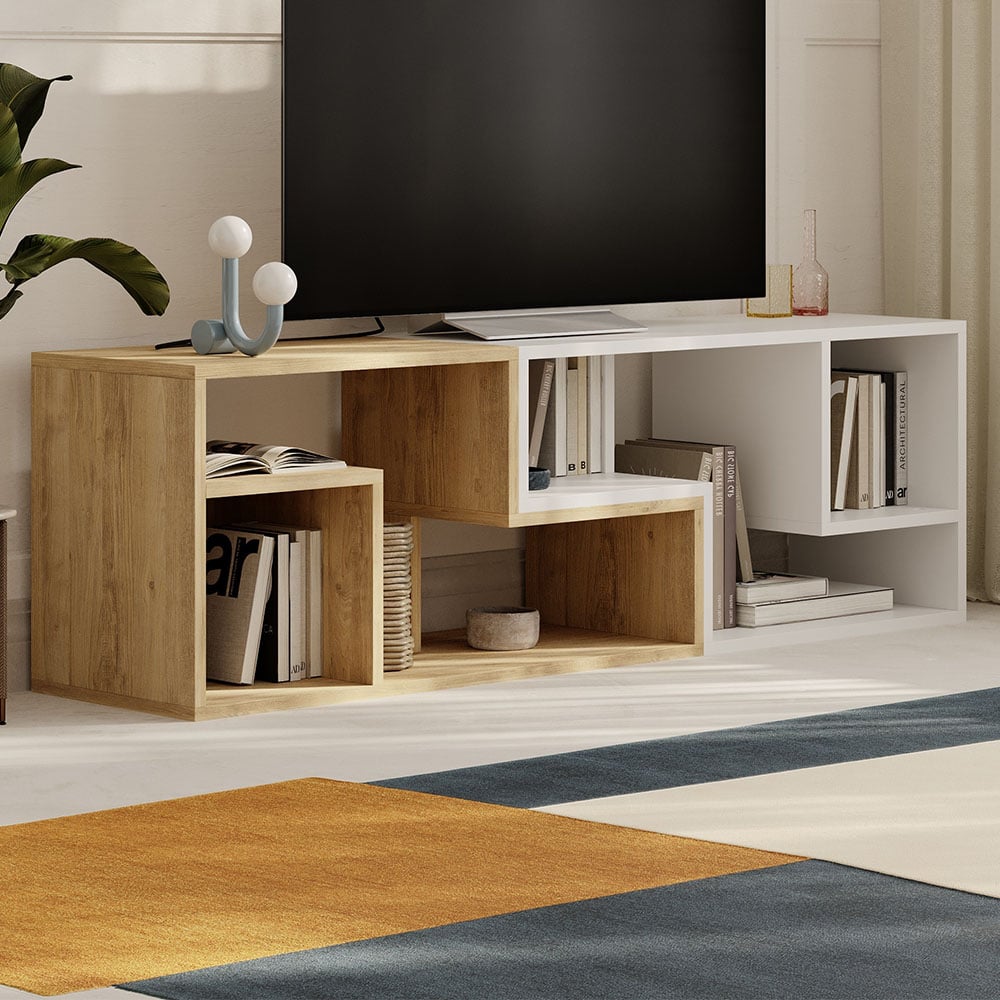 Decortie Glis 6 Shelf Oak and White Modern Adjustable Corner TV Unit Image 1