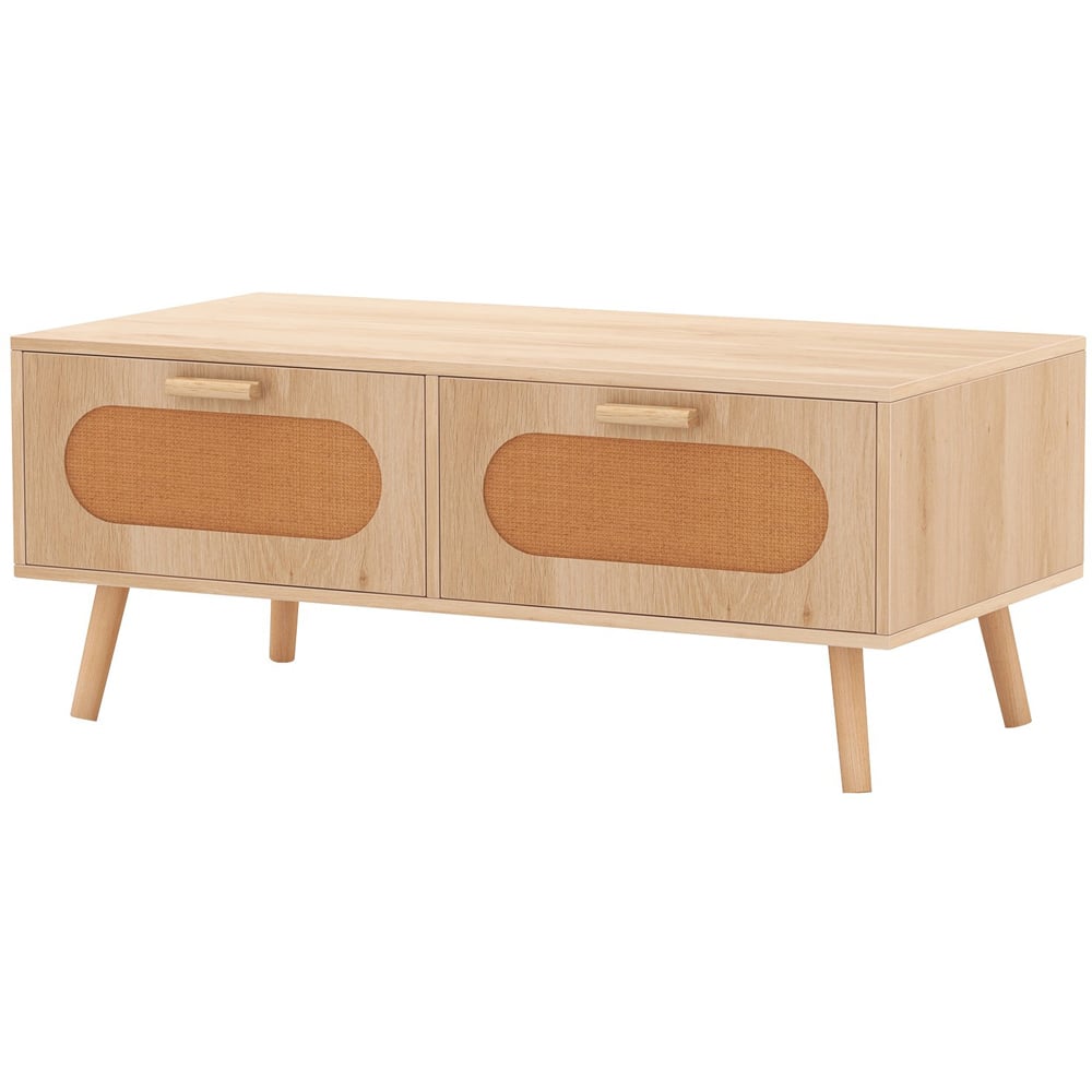 Costway 2 Drawer Natural Mid Century Rattan Coffee Table Image 2