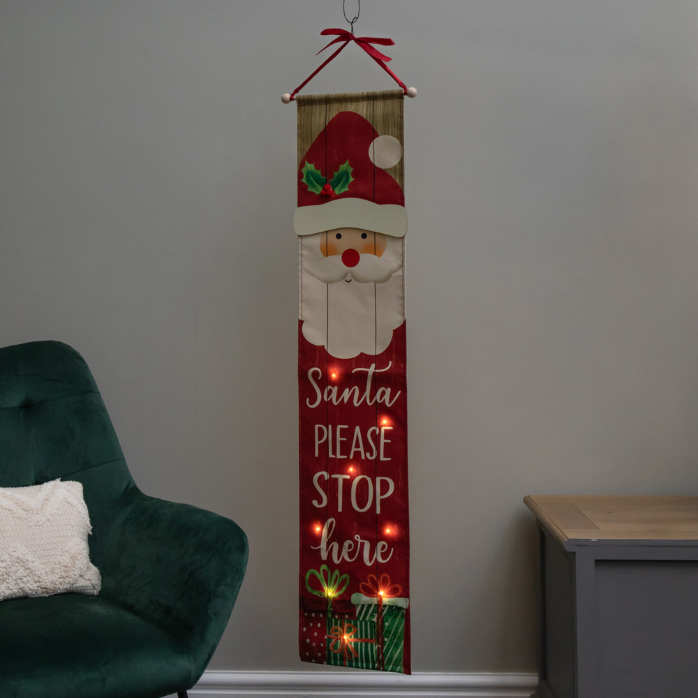 Samuel Alexander Warm White LED Fabric Light Up Hanging Christmas Santa Stop Here Banner 120cm Image 8