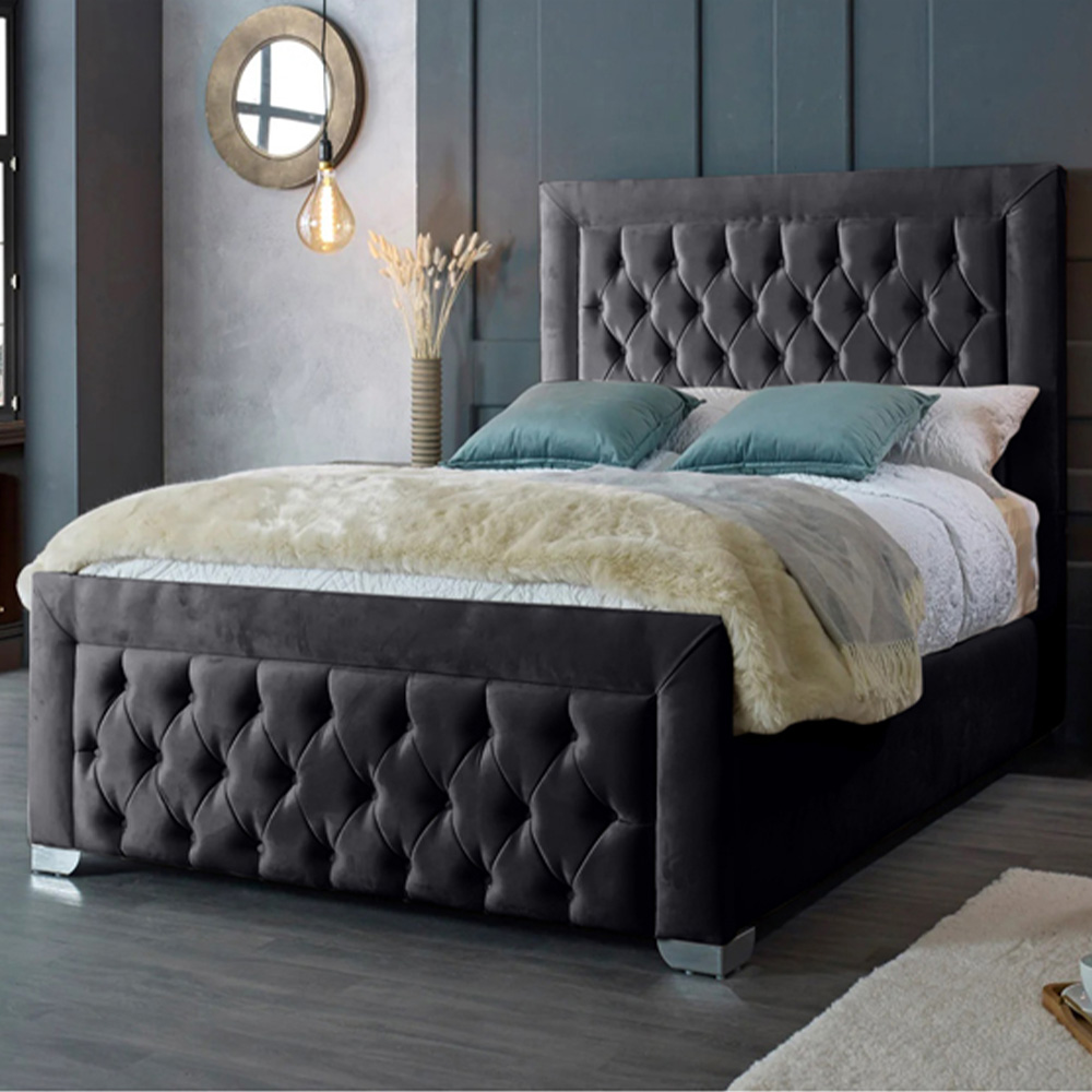 Eleganza Home Gelson Double Steel Plush Velvet Bed Frame with Chesterfield Headboard Image 1