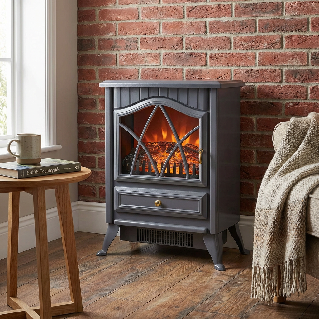 Grey Freestanding Log Effect Stove Fireplace Heaters Image 6