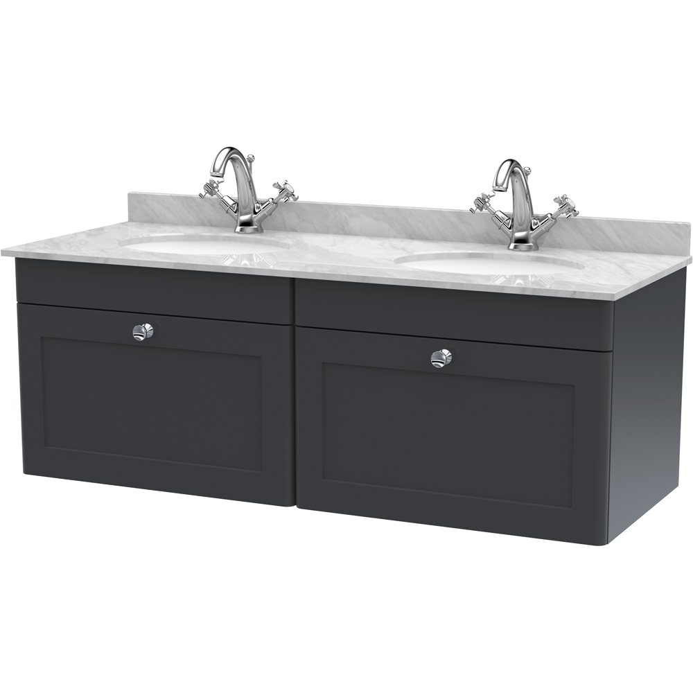 nuie Classique 2 Drawer Soft Black and Grey Wall Hung Unit and 1 Tap Hole Marble Basin 1200mm Image 1