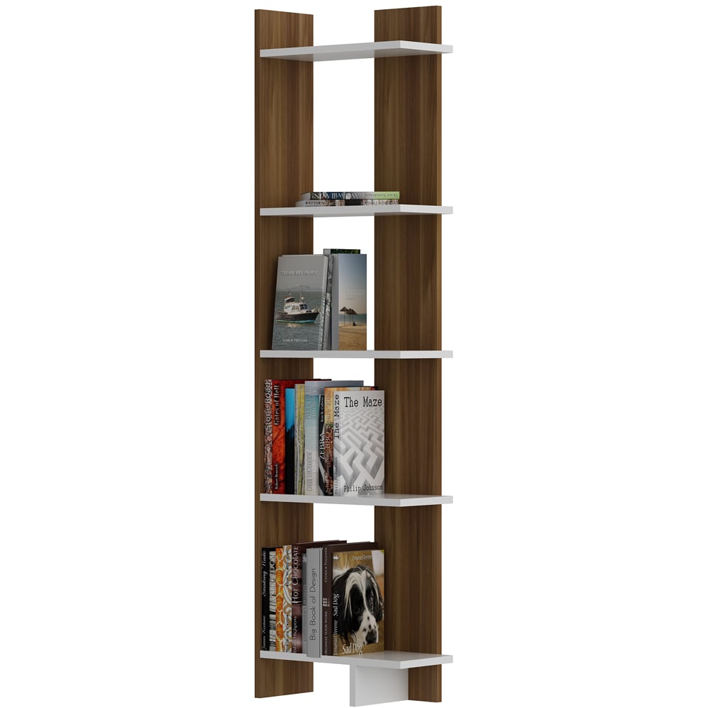 Decorotika Alis 5 Tier Walnut and White Corner Bookcase Image 2