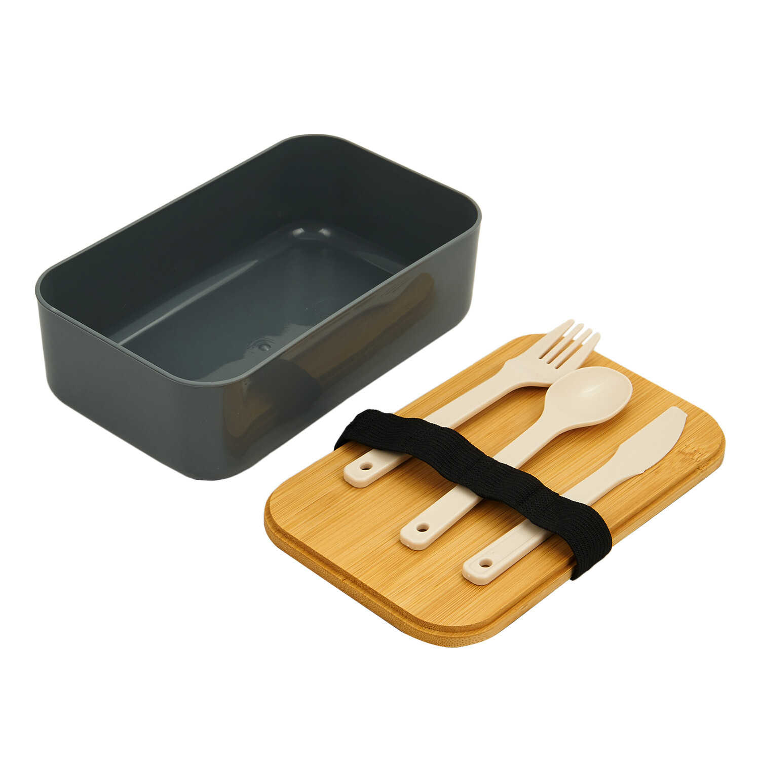 Lunch Box with Bamboo Lid and Cutlery - Grey Image 3