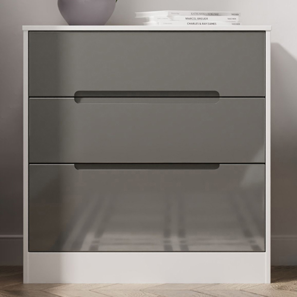Crowndale Monaco 3 Drawer Grey Gloss and White Deep Chest of Drawers Ready Assembled Image 1