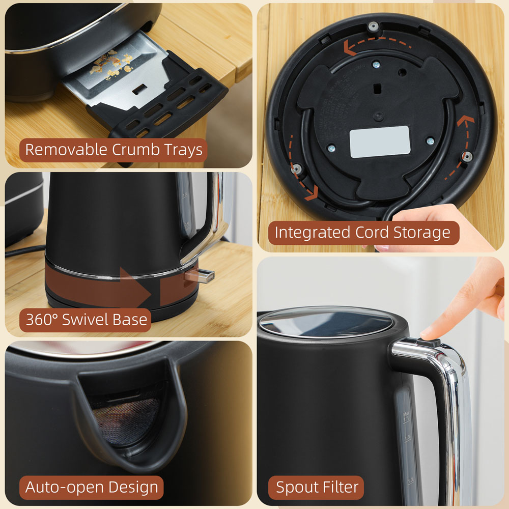HOMCOM 800-232V70BK Black 1.7L Fast Boil Electric Kettle 3000W and 2 Slice Toaster Set Image 3