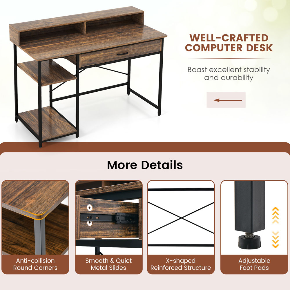 Costway Single Drawer Computer Desk with Monitor Stand Brown Image 6