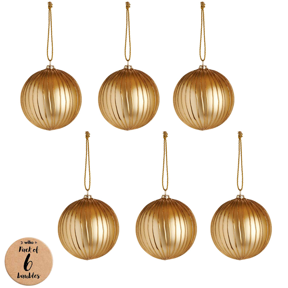 Wilko Luxe Gold Ribbed Bauble 6 Pack Image 1