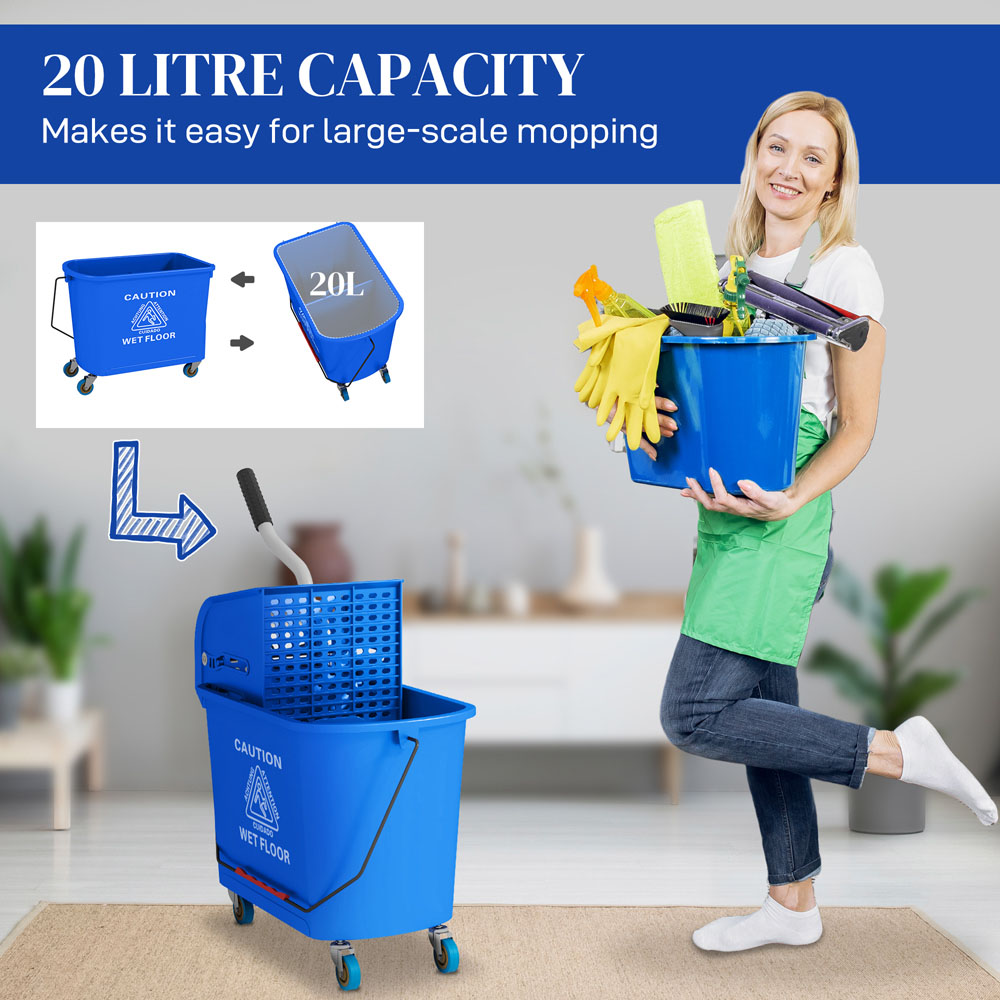 HOMCOM Blue Wringer Handle Mop and Bucket Set on Wheels 20L Image 4