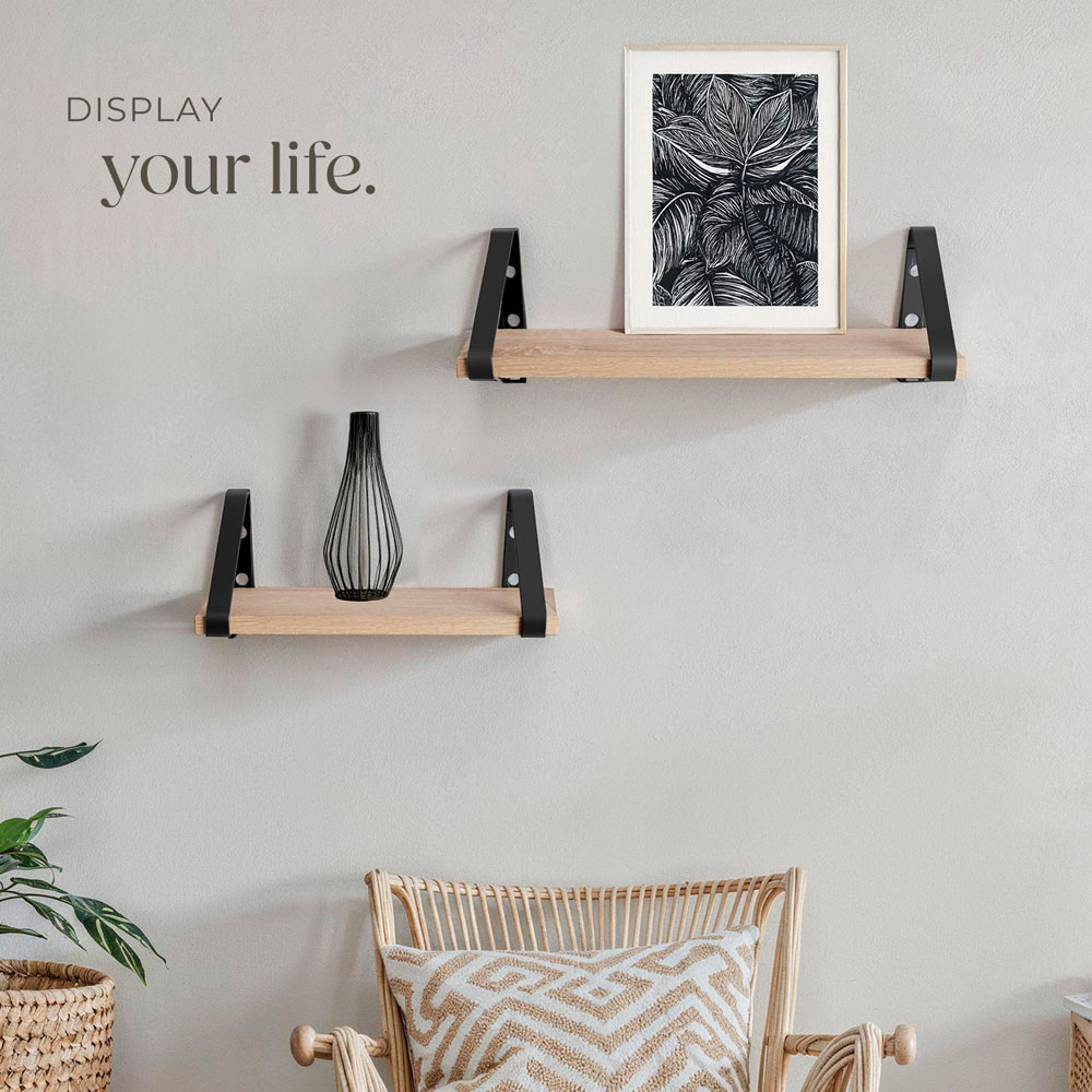 tectake Oak Wall Shelf with Decorative Metal Bracket Set of 3 Image 8