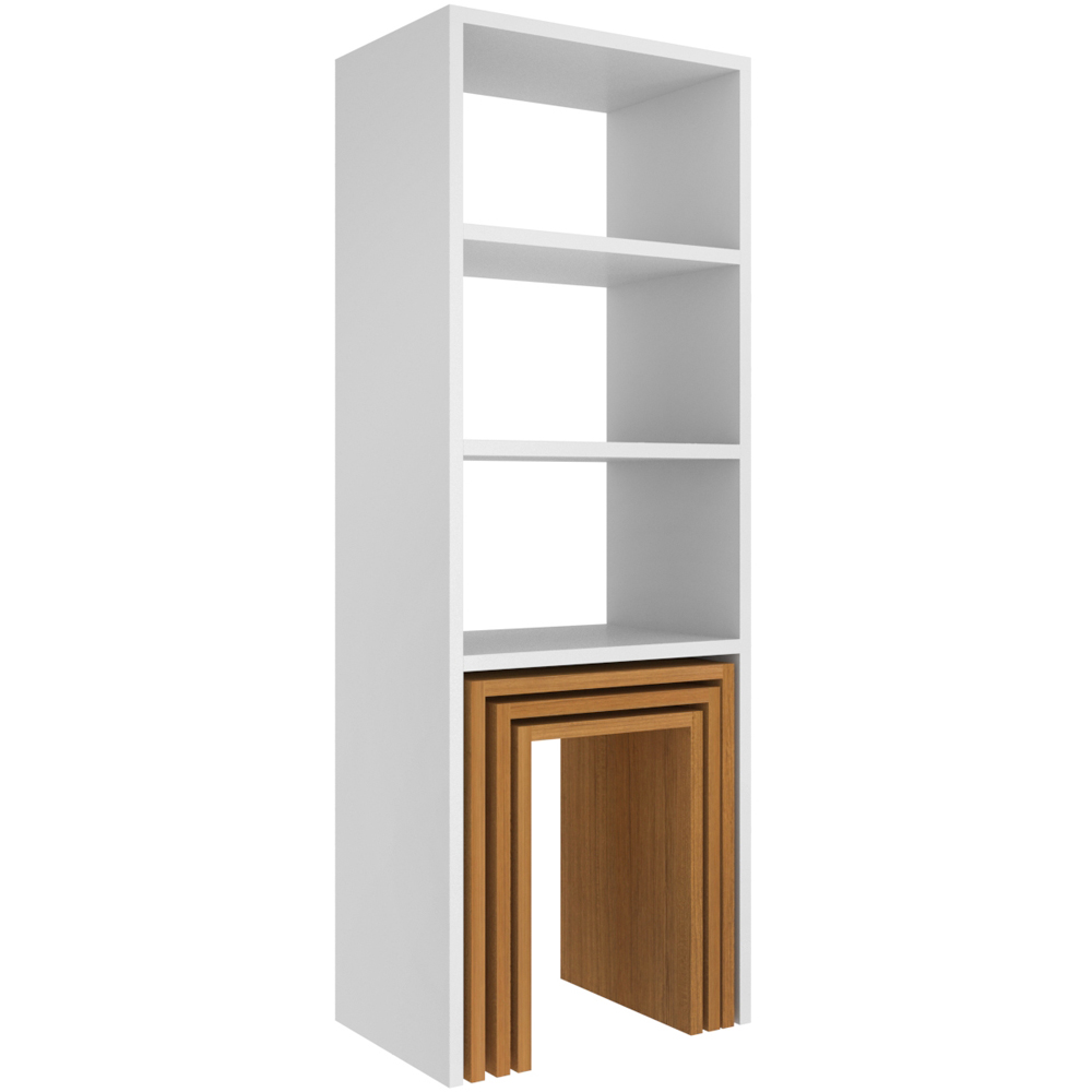 Decorotika Modern Melo 3 Shelf White Teak Bookcase with Nest of Tables Set of 3 Image 2