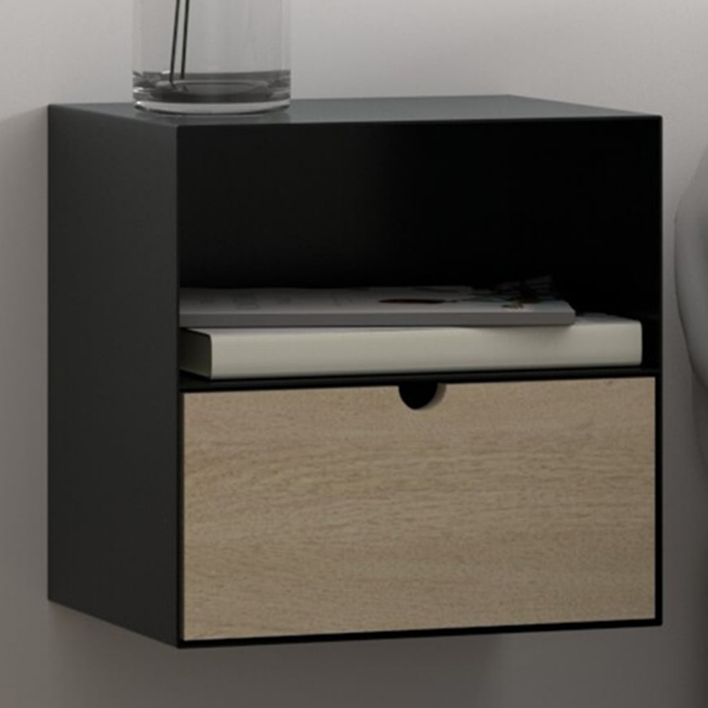 Florence Joliet Single Drawer Single Shelf Black and Bamboo Wall Mounted Bedside Table Image 1