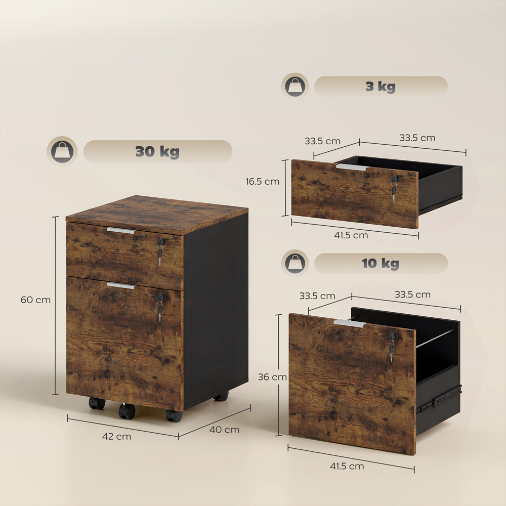 Portland 2 Drawer Rustic Brown Mobile Lockable Filing Cabinet with Keys Image 9